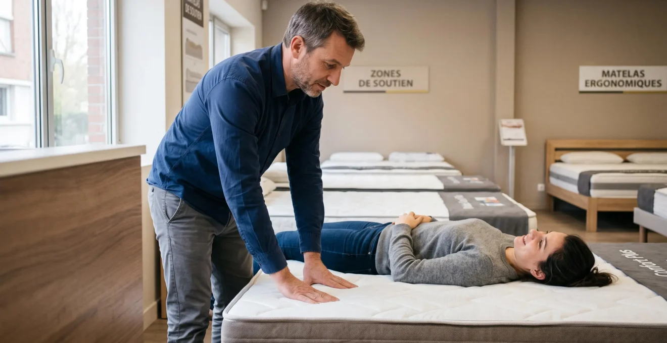 Un conseiller appuie sa main sur un matelas pour démontrer la réaction des couches de soutien à une cliente allongée.