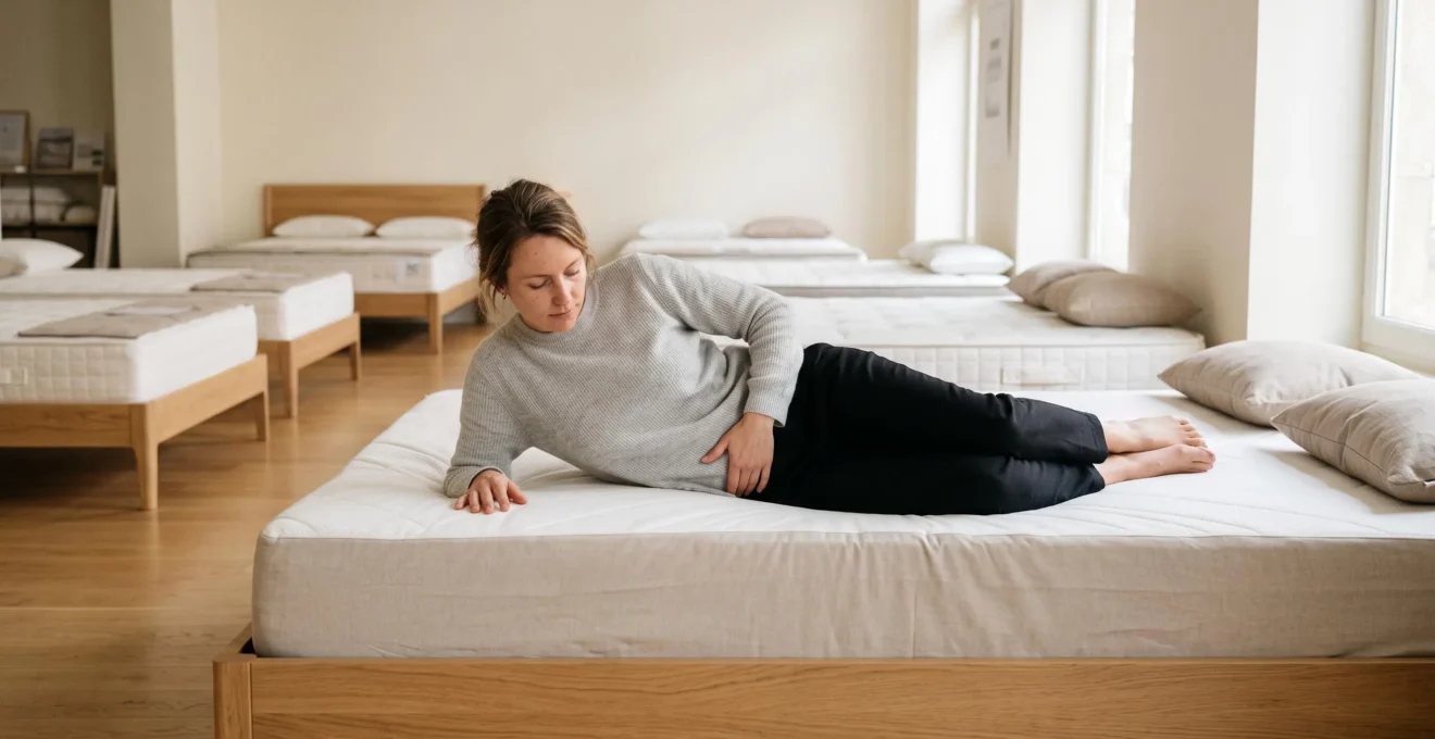 Une femme allongée sur le côté teste le soutien lombaire d'un matelas en glissant sa main entre son dos et le matelas dans un magasin de literie.