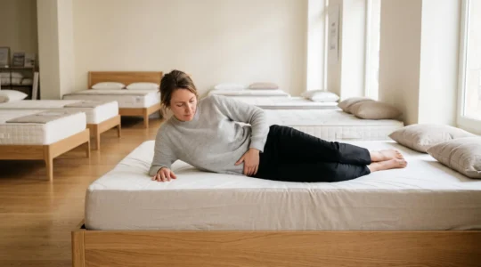 Une femme allongée sur le côté teste le soutien lombaire d'un matelas en glissant sa main entre son dos et le matelas dans un magasin de literie.