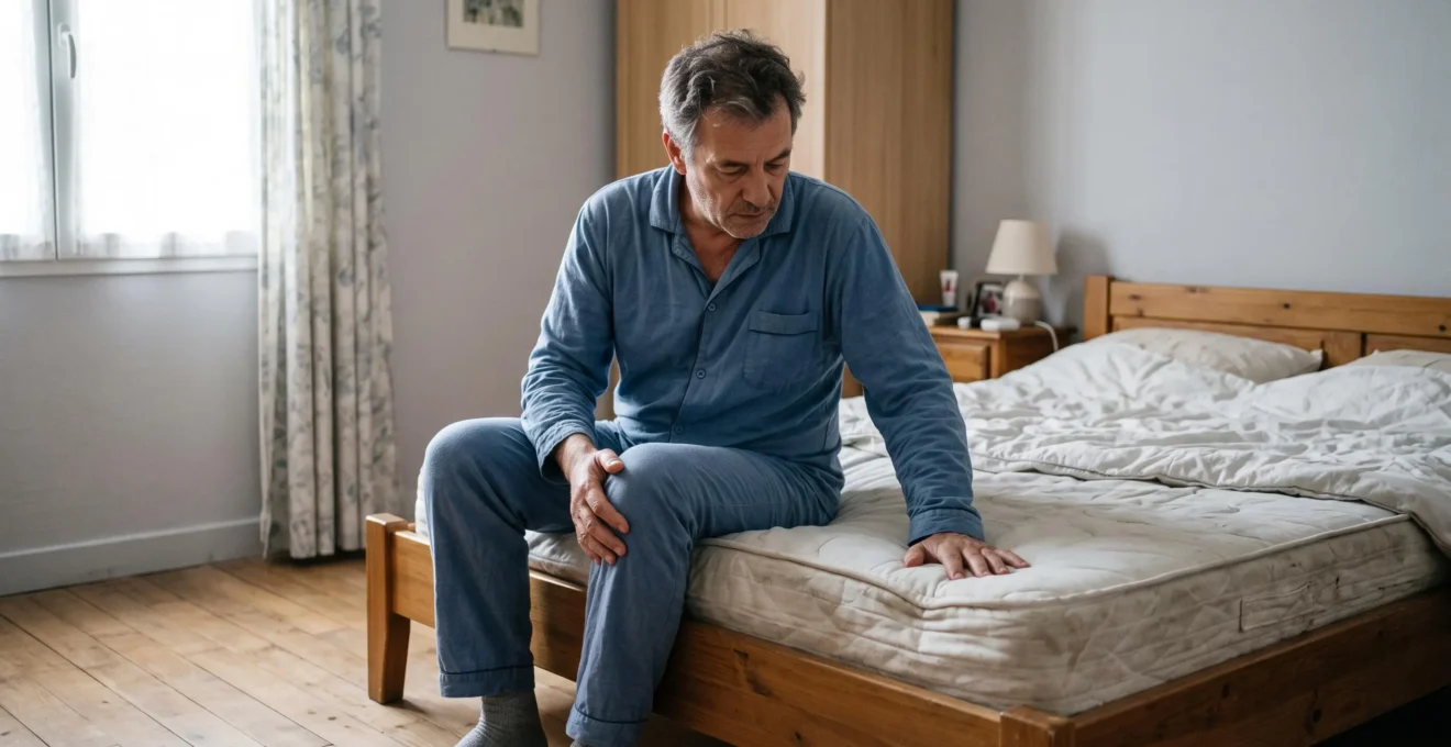 Un homme assis au bord de son lit constate l'affaissement visible de son matelas usé en appuyant dessus.