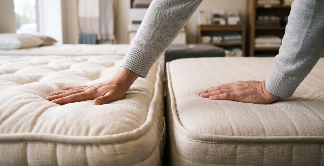 Gros plan sur deux mains comparant la fermeté de la surface de deux matelas côte à côte.